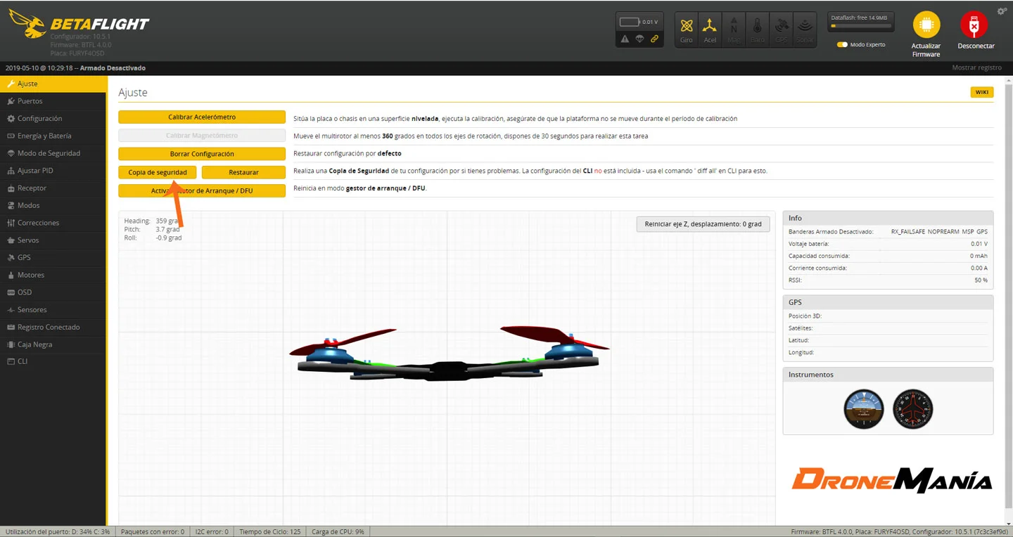 Backup de la configuración de betaflight